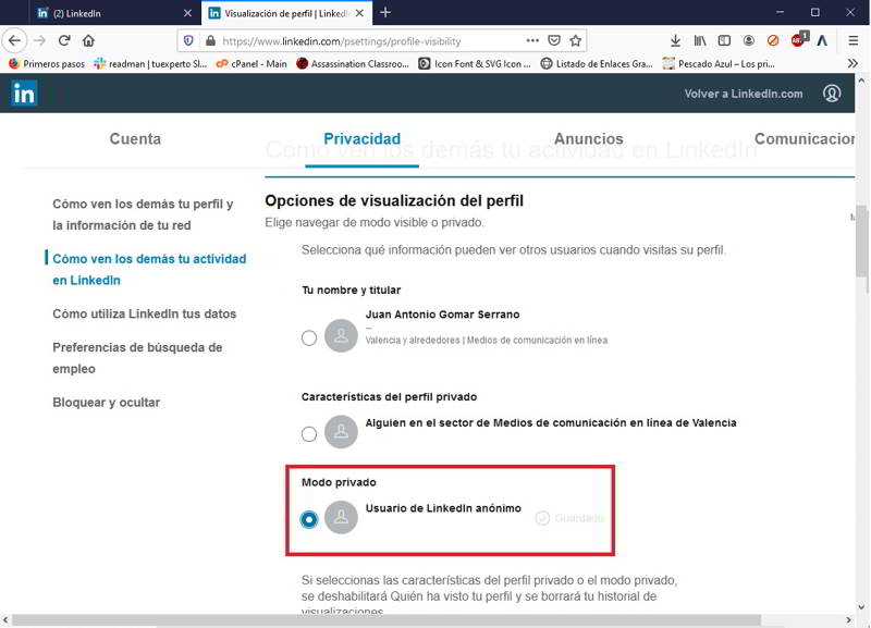 Visitar perfiles de LinkedIn de forma anónima desde el ordenador 3