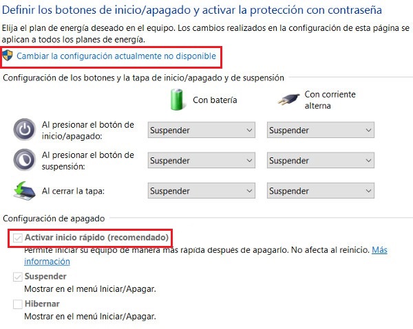 activar el arranque rapido de Windows 10 2