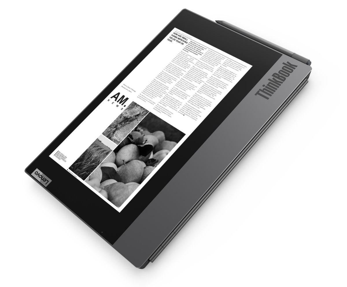 Lenovo ThinkBook Plus con articulo en pantalla