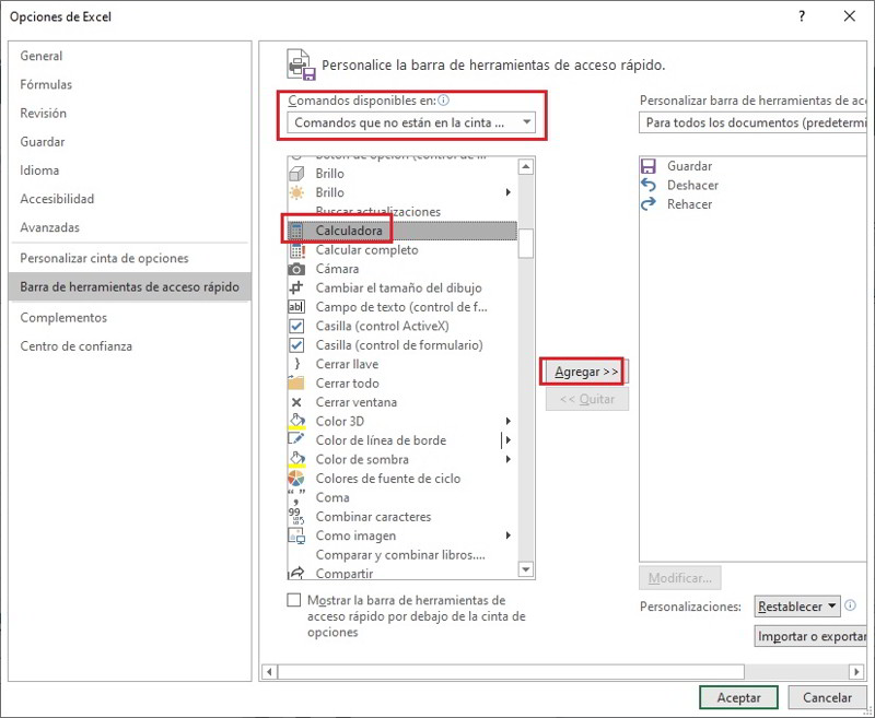 añadir la calculadora de Windows a la barra de herramientas de Excel 2