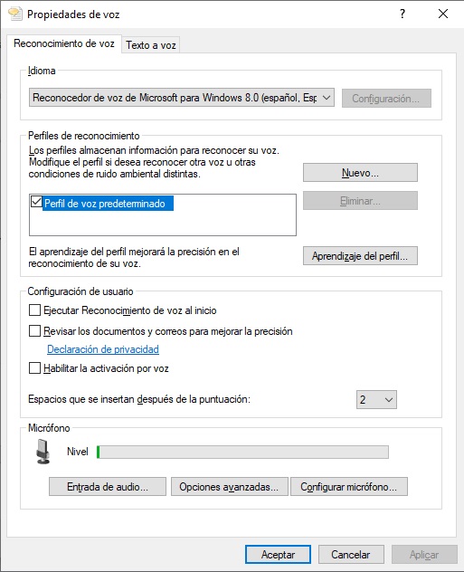 configurar y usar el reconocimiento de voz en Windows 10 8