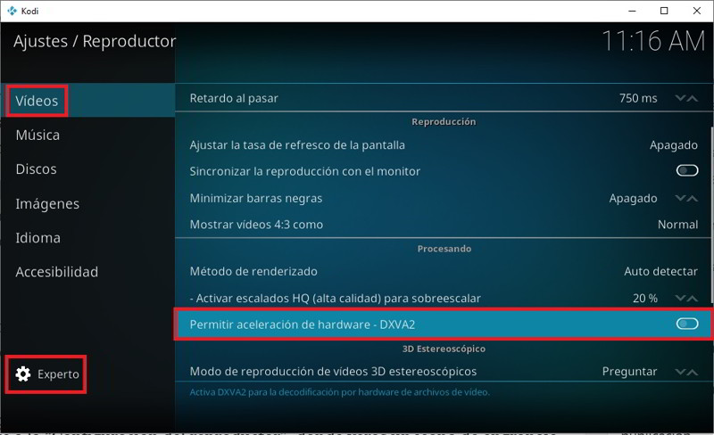 Desactivar la aceleracion por hardware Kodi 3