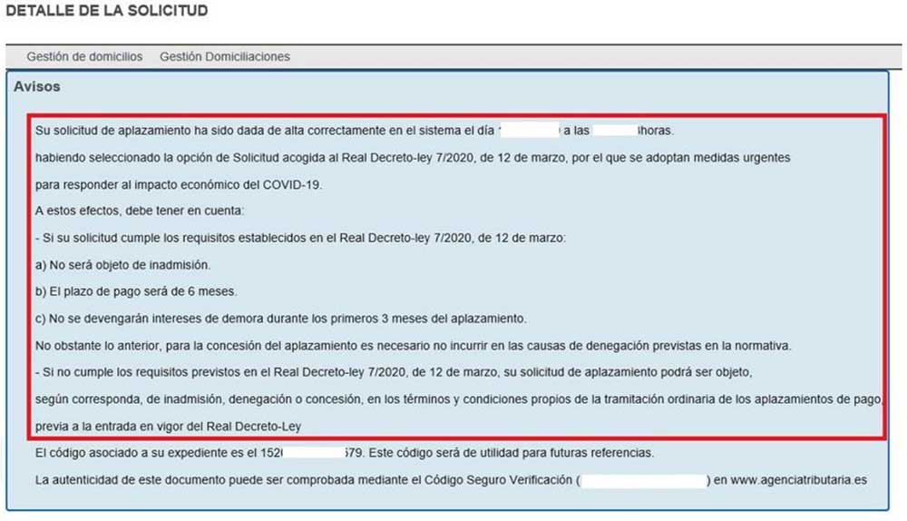 Cómo solicitar el aplazamiento de impuestos por el decreto del coronavirus 7 pantalla final aplazamiento de pago de impuestos