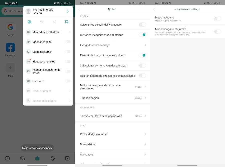 modo incognito xiaomi navegador