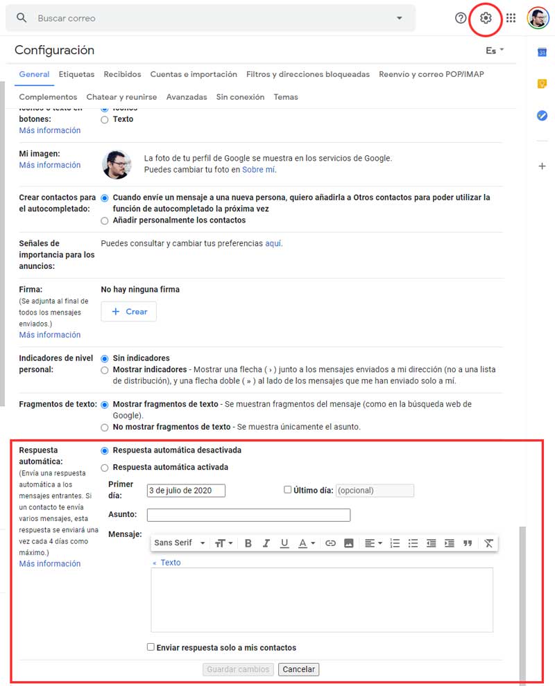 cómo poner un mensaje de vacaciones o de fuera de la oficina en Gmail PC