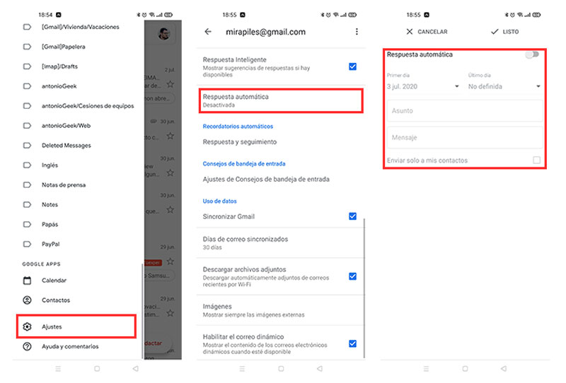 cómo poner un mensaje de vacaciones o de fuera de la oficina en Gmail Android