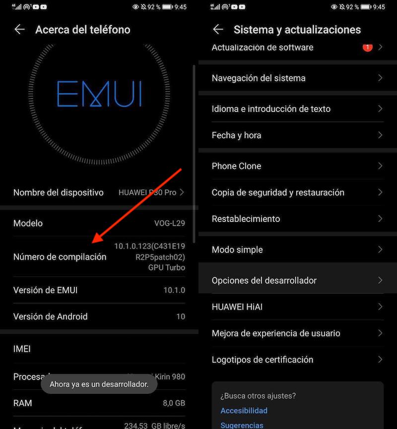 activar ajustes desarrollo huawei