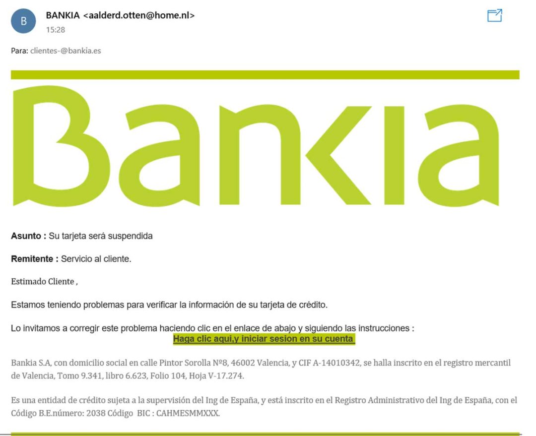 Cuidado con el correo falso de la suspensión de la tarjeta de crédito