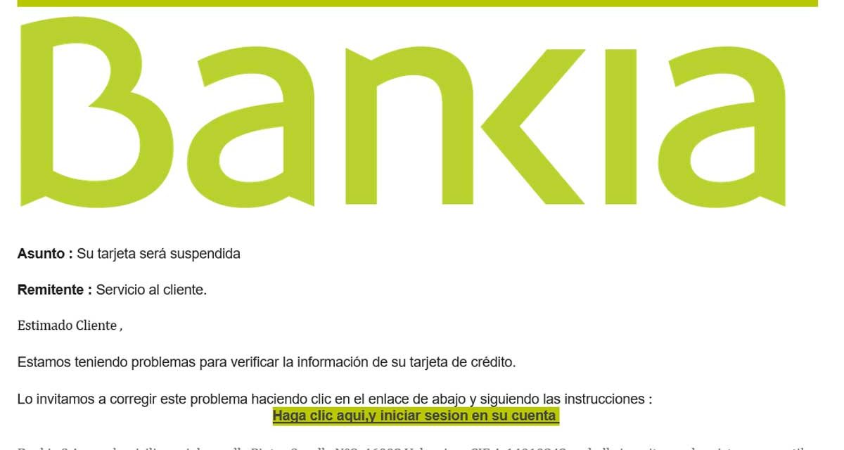 Cuidado con el correo falso de la suspensión de la tarjeta de crédito de Bankia o Banco Santander