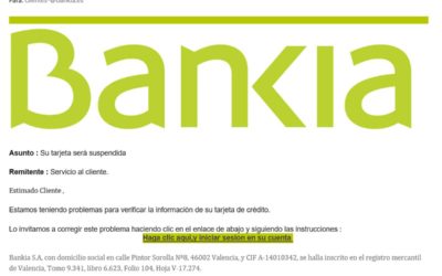 Cuidado con el correo falso de la suspensión de la tarjeta de crédito de Bankia o Banco Santander