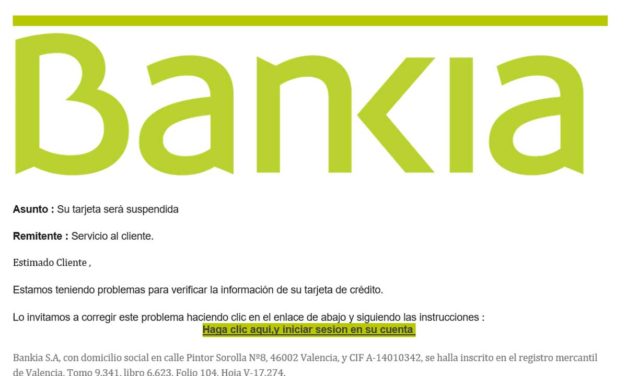 Cuidado con el correo falso de la suspensión de la tarjeta de crédito de Bankia o Banco Santander