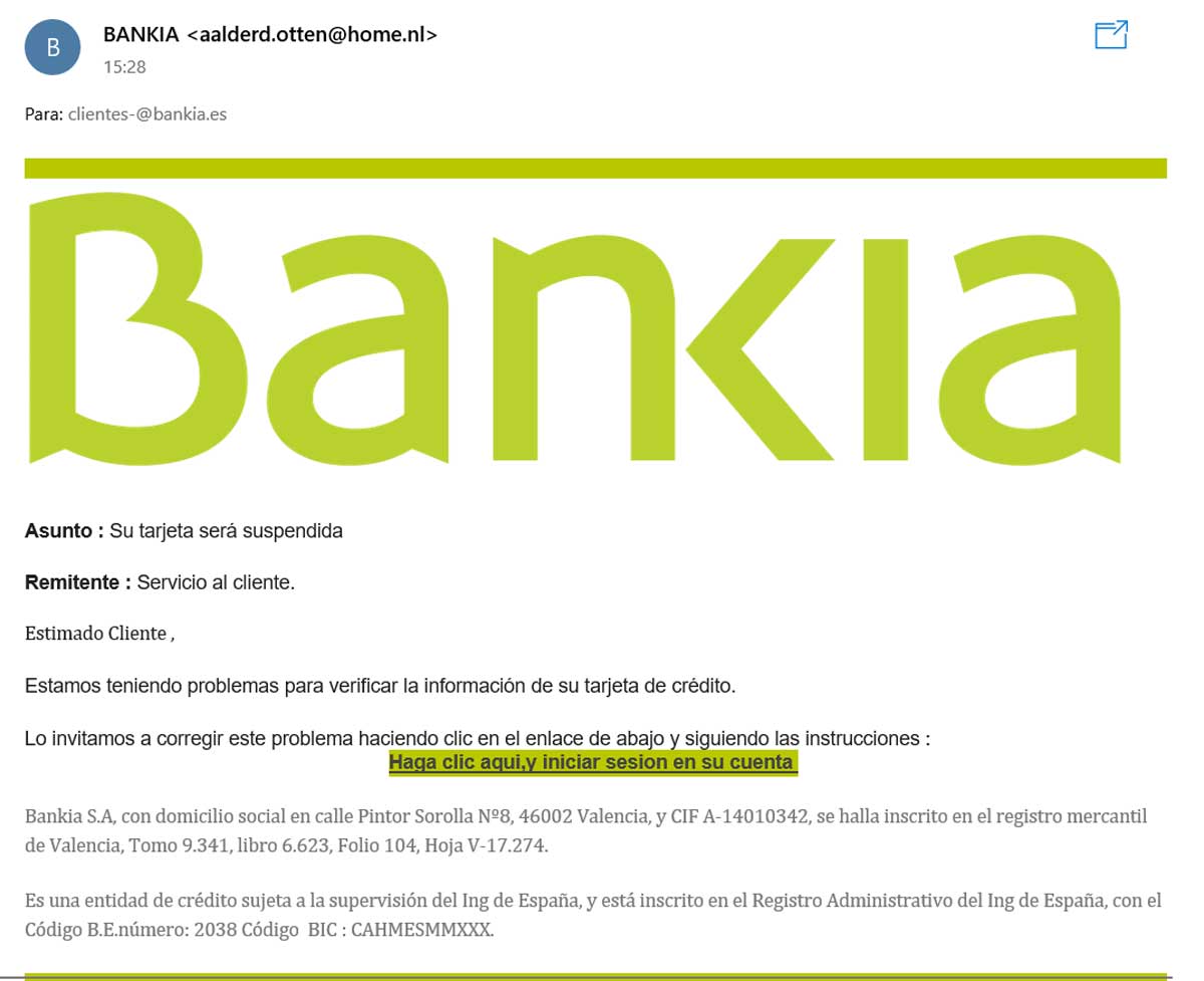 Cuidado con el correo falso de la suspensión de la tarjeta de crédito de Bankia o Banco Santander