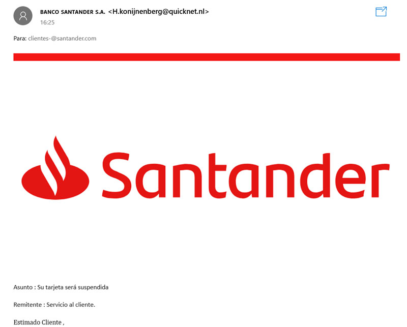 correo falso de la suspensión de la tarjeta de crédito de Banco Santander