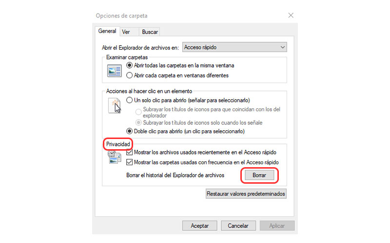 cómo eliminar el historial de archivos recientes en Windows 10 opciones de carpeta