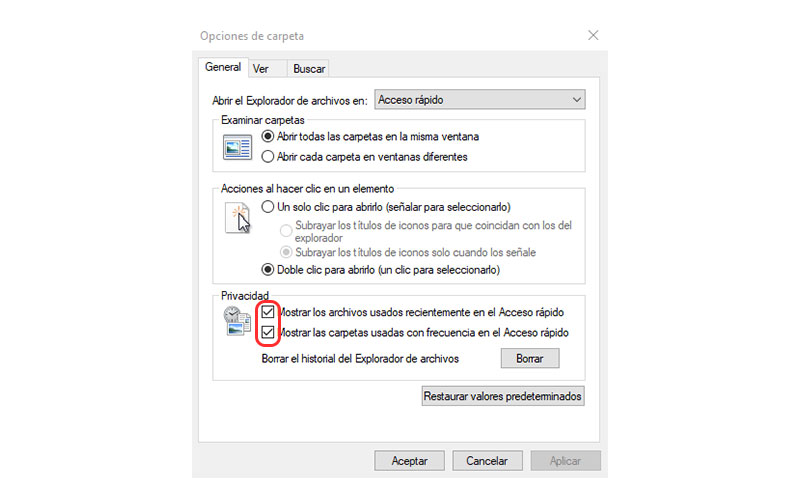 cómo eliminar el historial de archivos recientes en Windows 10 desactivar opciones