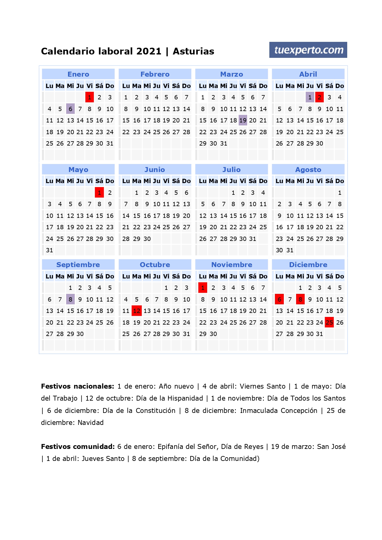 Calendario laboral 2021, calendarios con festivos por comunidad para imprimir 1