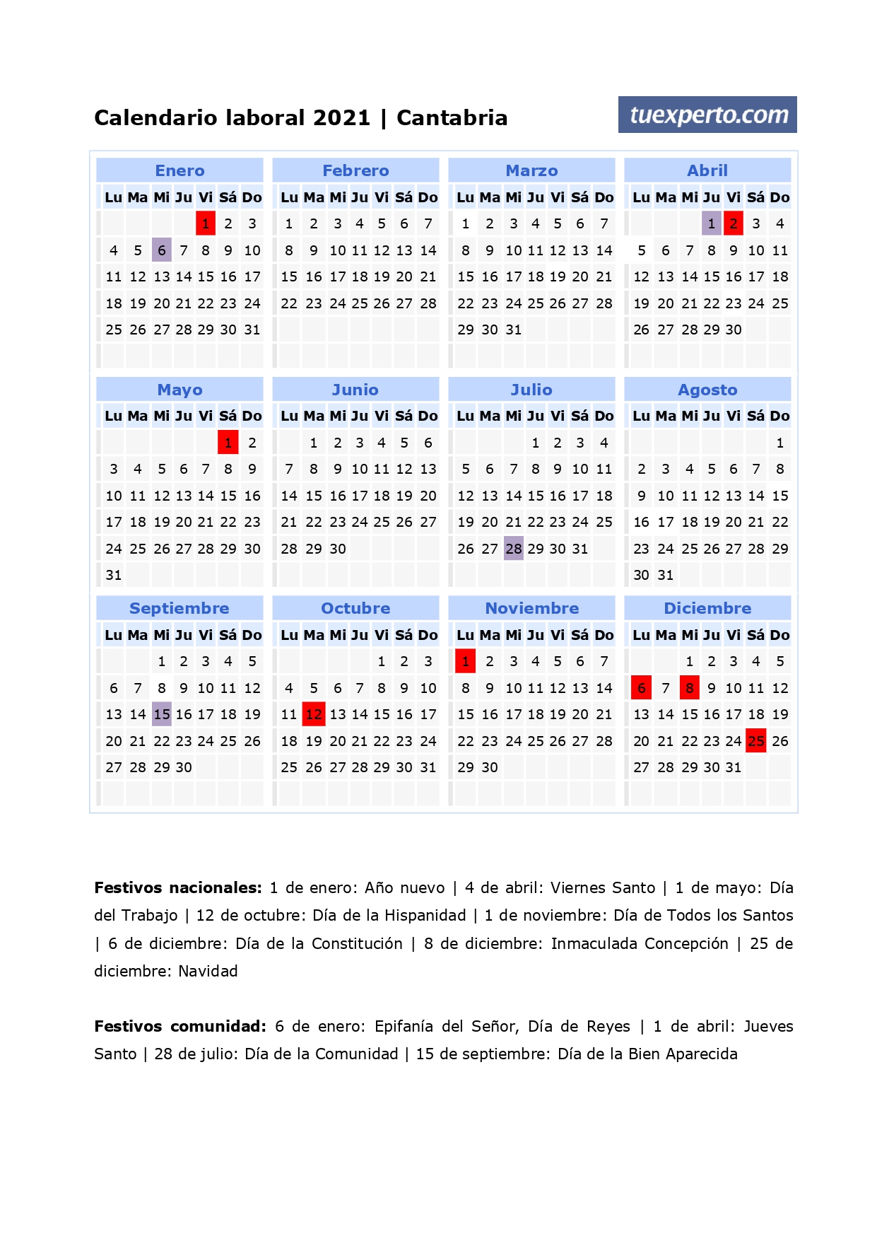 Calendario laboral 2021, calendarios con festivos por comunidad para imprimir 2