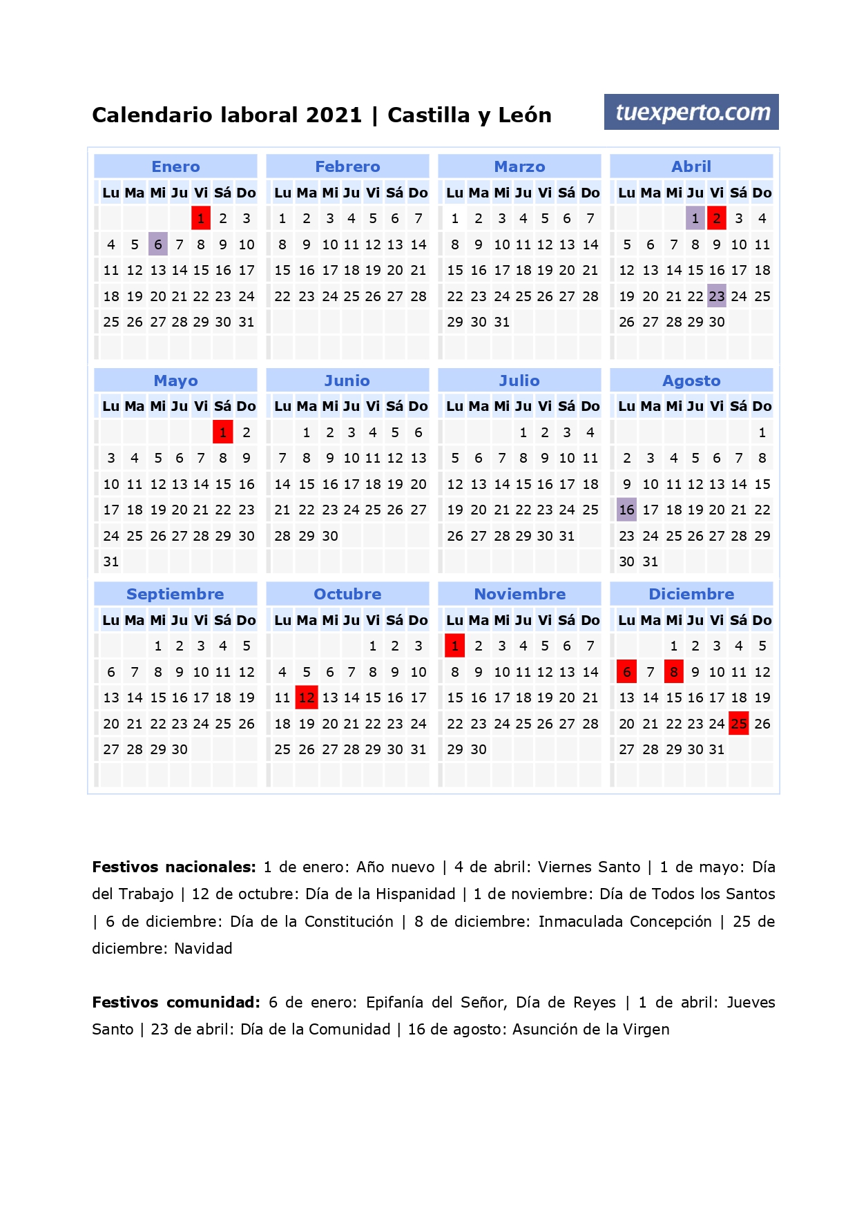 Calendario laboral 2021, calendarios con festivos por comunidad para imprimir 3