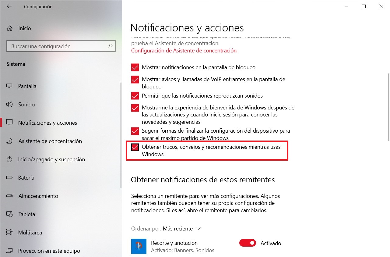 Desactivar trucos y sugerencias de Windows