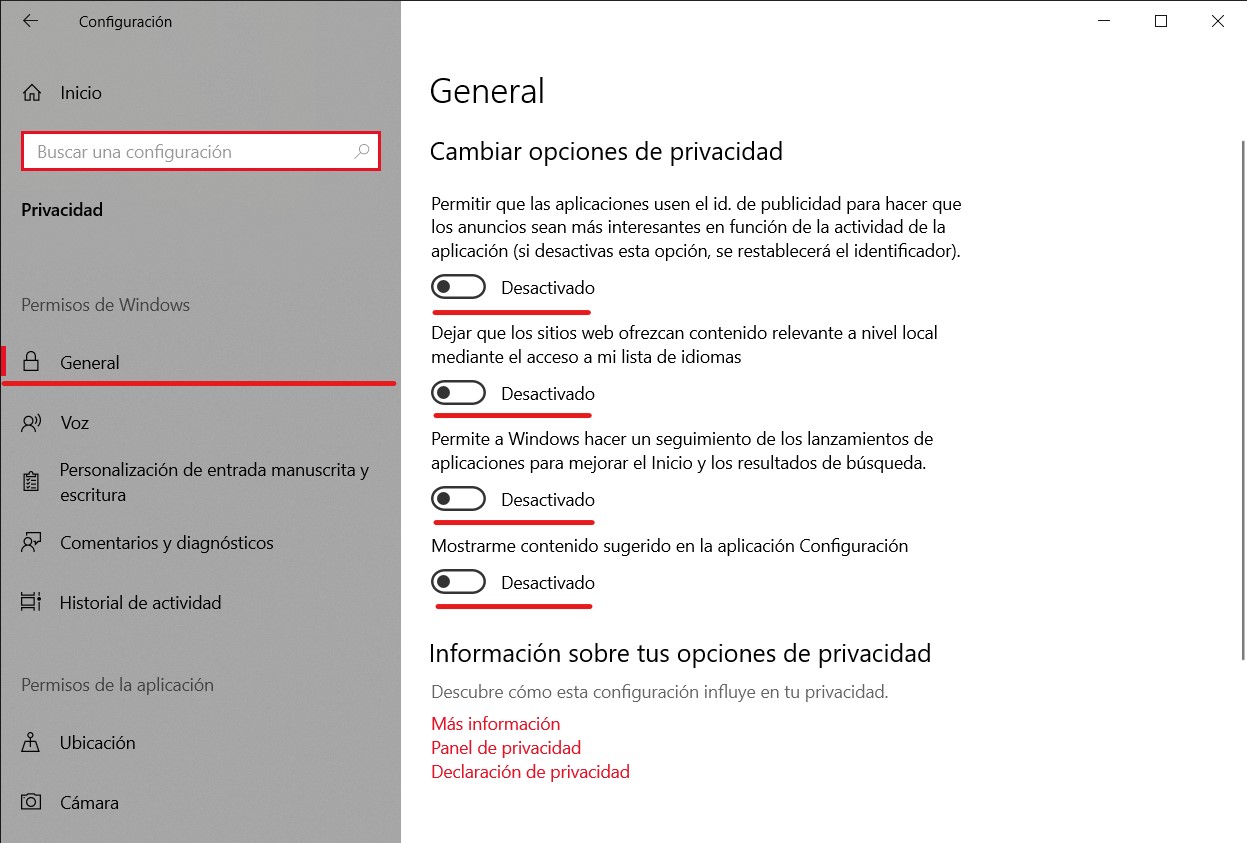 Configuración general de privacidad