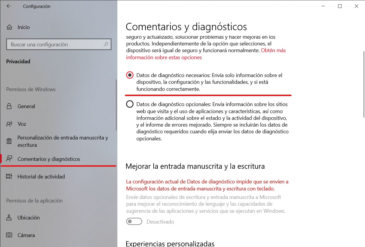 Datos de diagnosis en Windows 10