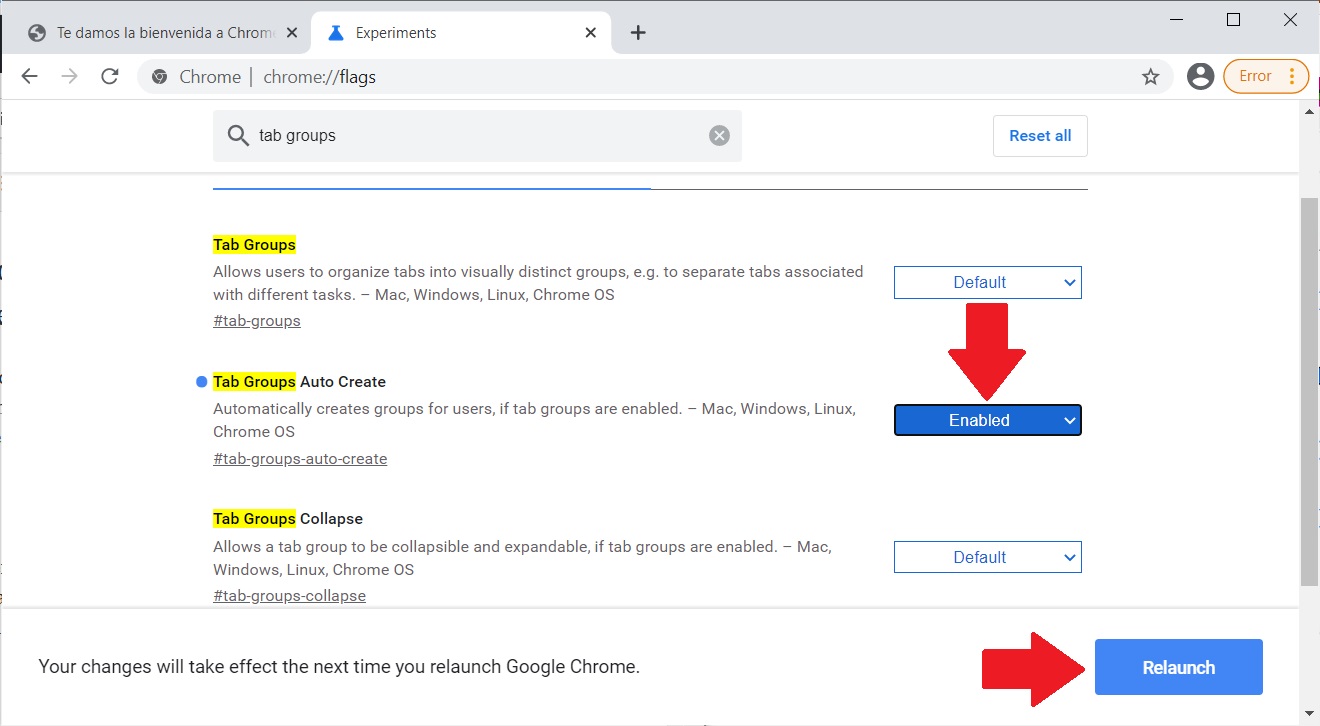 Activar grupos de pestañas automáticos en Chrome