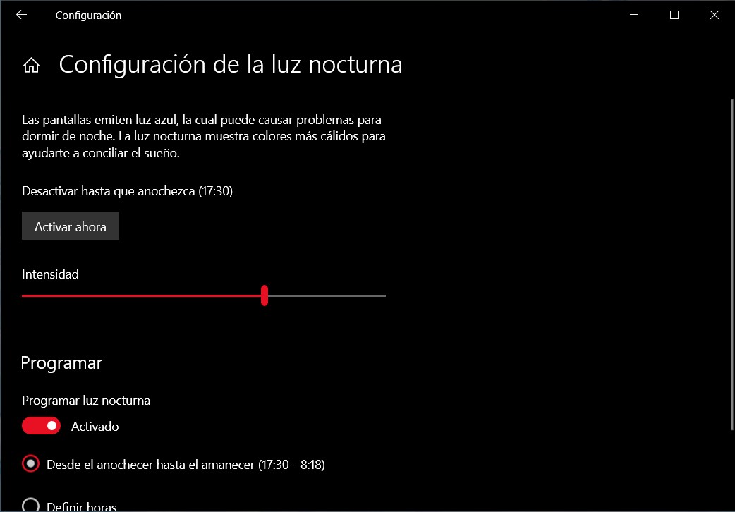 Filtro de Luz Azul en Windows 10