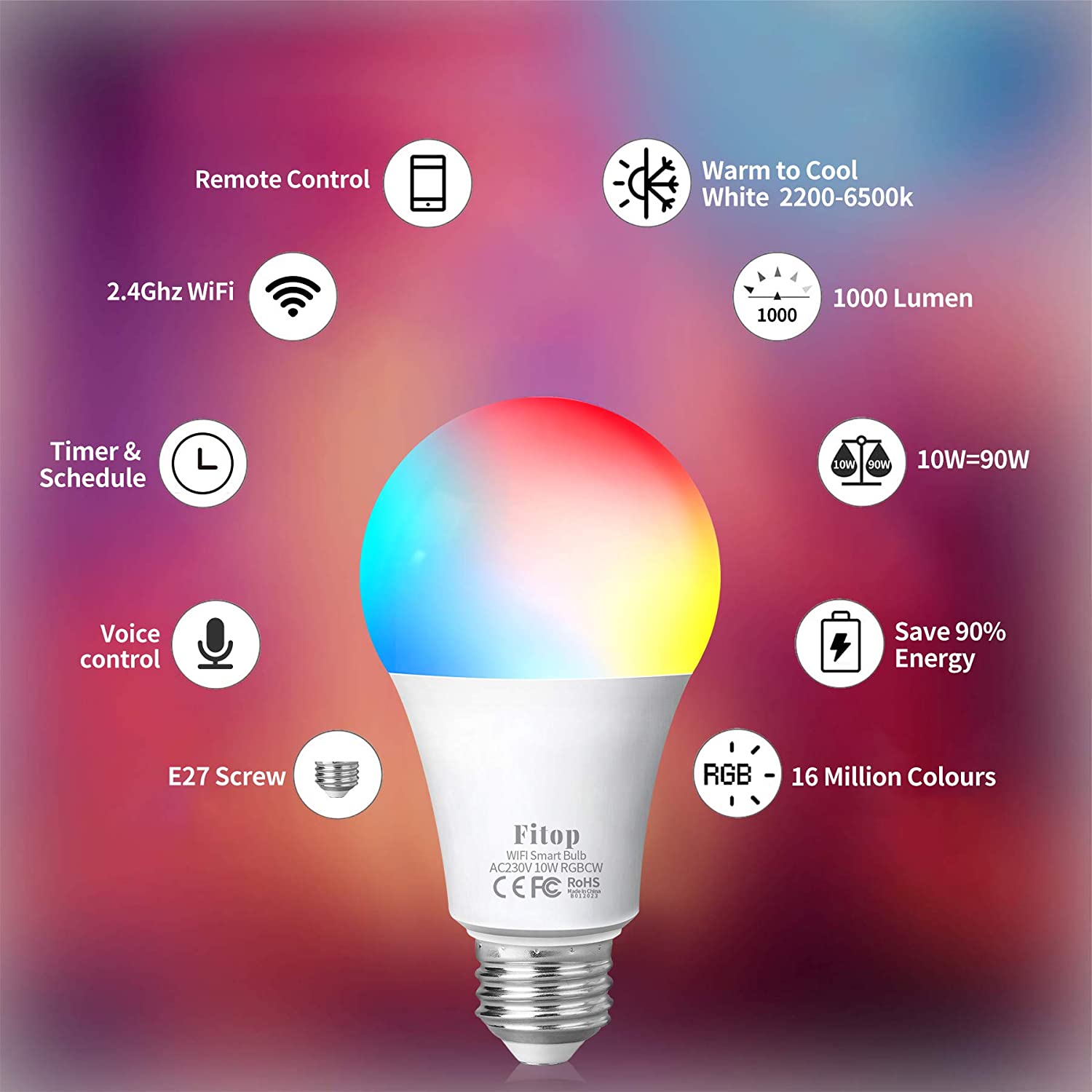 Fitop Bombilla Alexa LED Inteligente WiFi Regulable E27