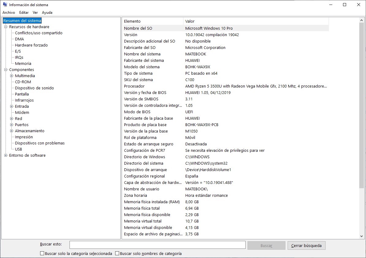 Especificaciones completas en Windows 10