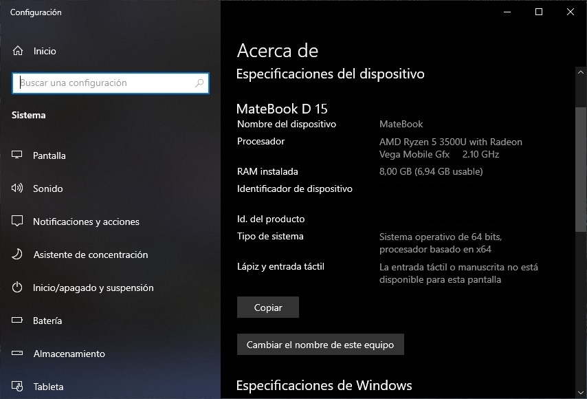 Especificaciones del sistema en Windows 10