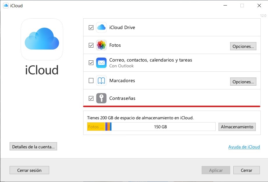 Contraseñas de iCloud en Windows 10