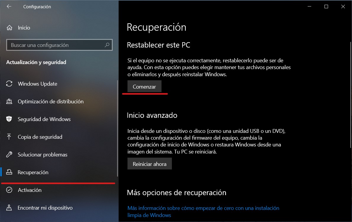 Iniciar el proceso de restablecimiento de Windows 10