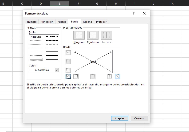 Línea diagonal en celda de Excel