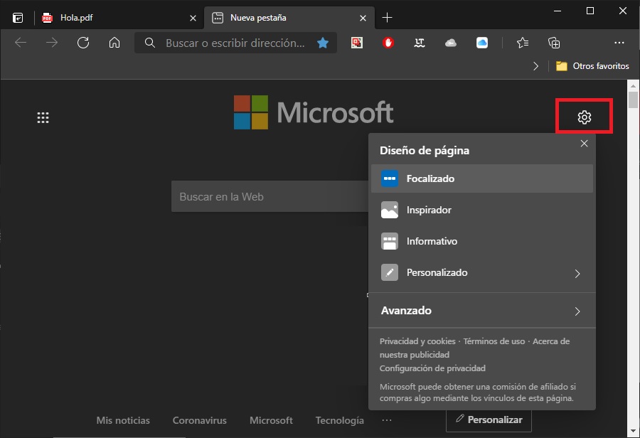 Personalizar pestaña nueva en Microsoft Edge