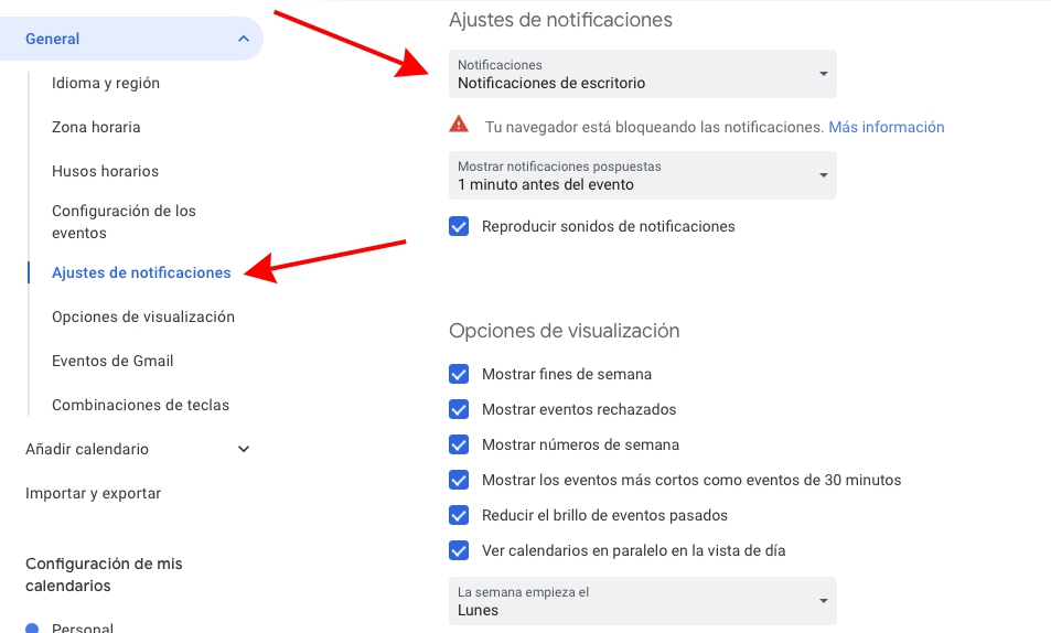 Ajustes de las notificaciones en Google Calendar