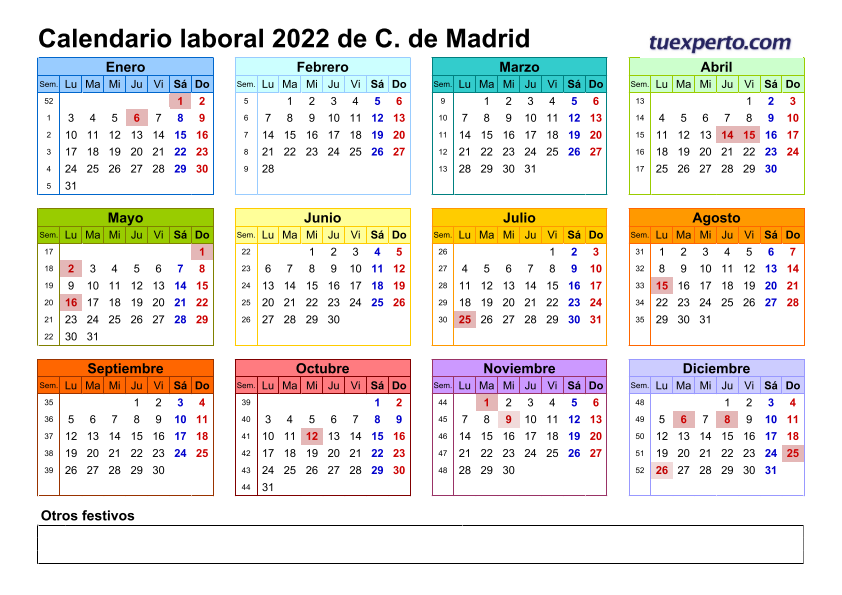 Calendario laboral 2022, calendarios con festivos por comunidad para descargar e imprimir 10