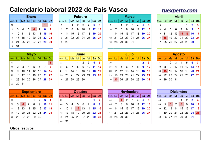 Calendario laboral 2022, calendarios con festivos por comunidad para descargar e imprimir 13