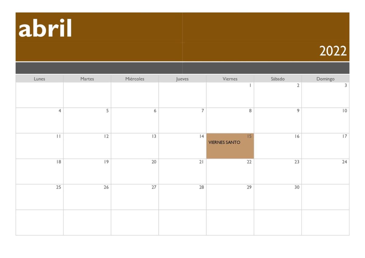 calendario 2022 horizontal festivos abril