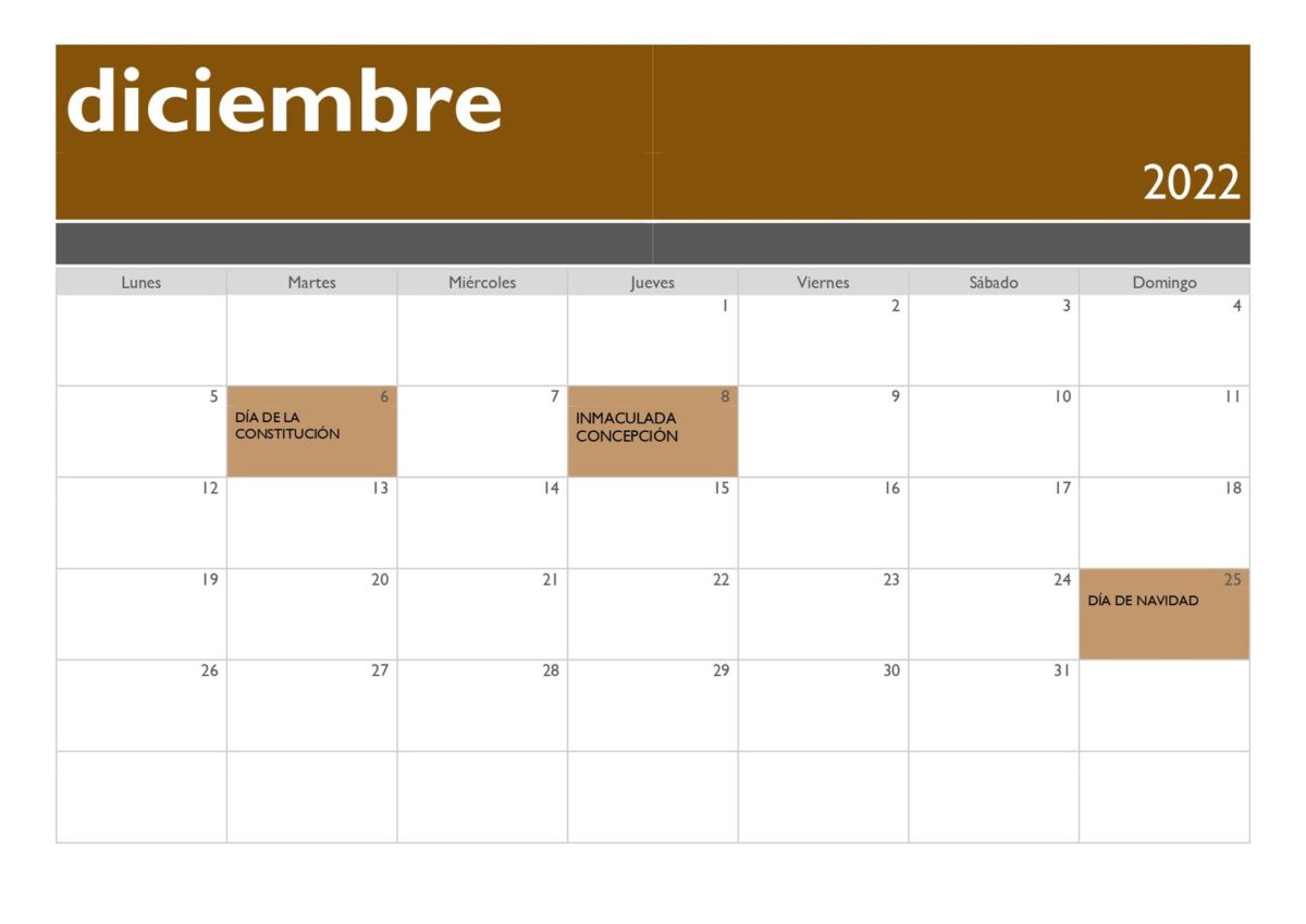 calendario 2022 horizontal festivos diciembre