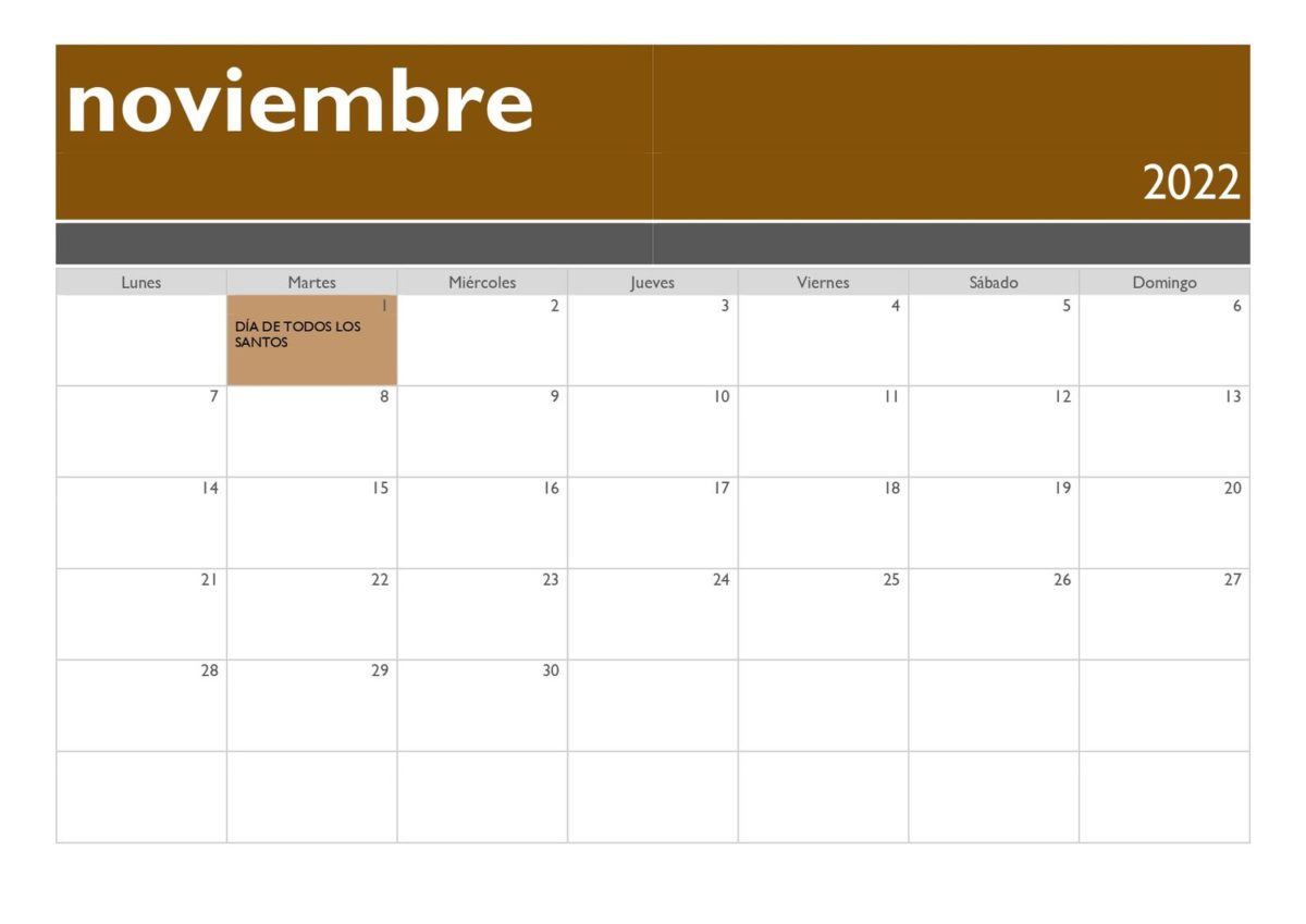 calendario 2022 horizontal festivos noviembre