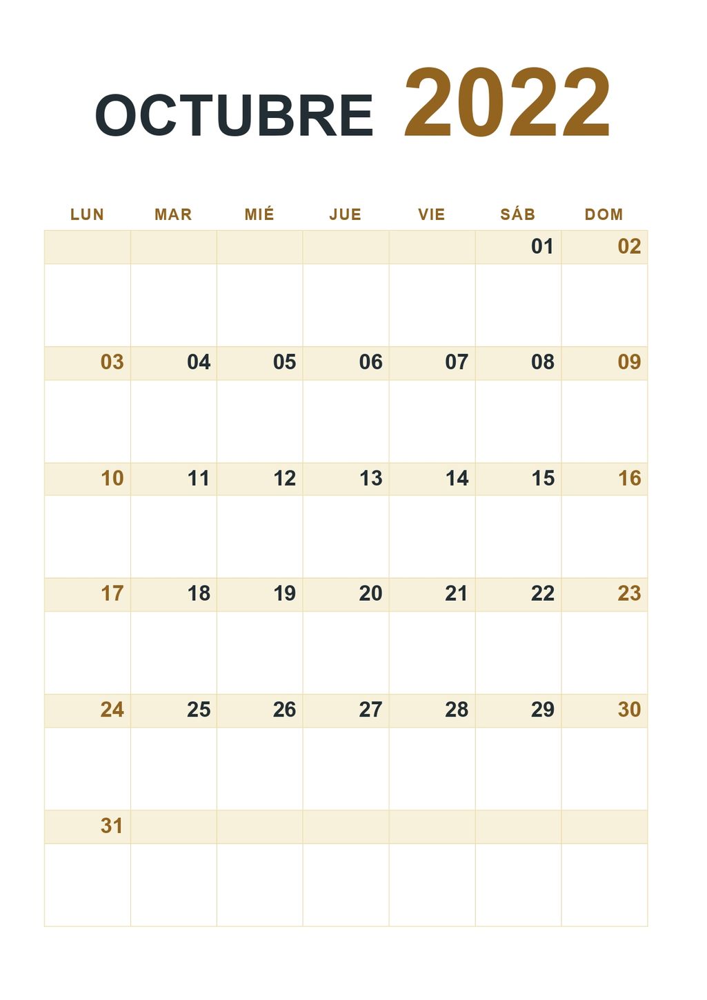 calendario 2022 octubre vertical