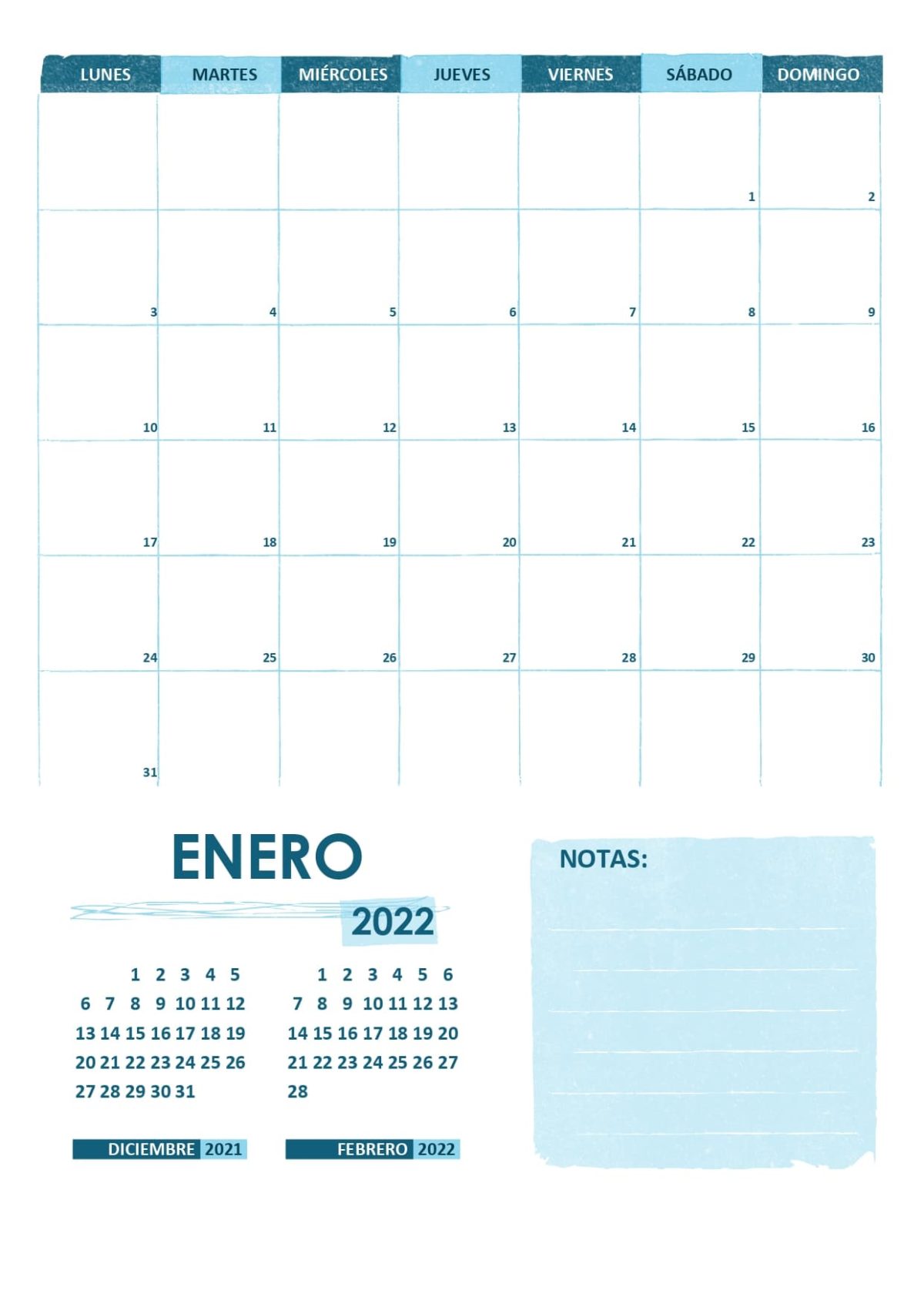Plantilla calendario 2022 02 enero
