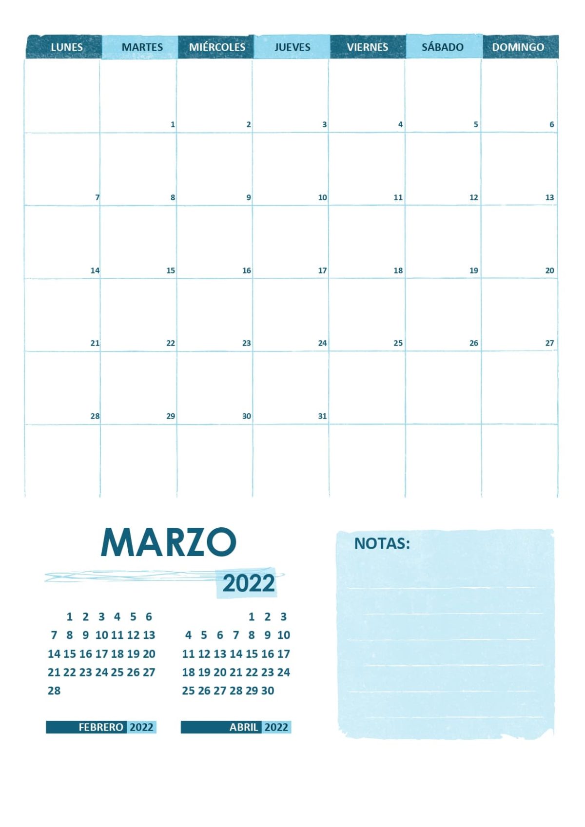 Plantilla calendario 2022 02 marzo