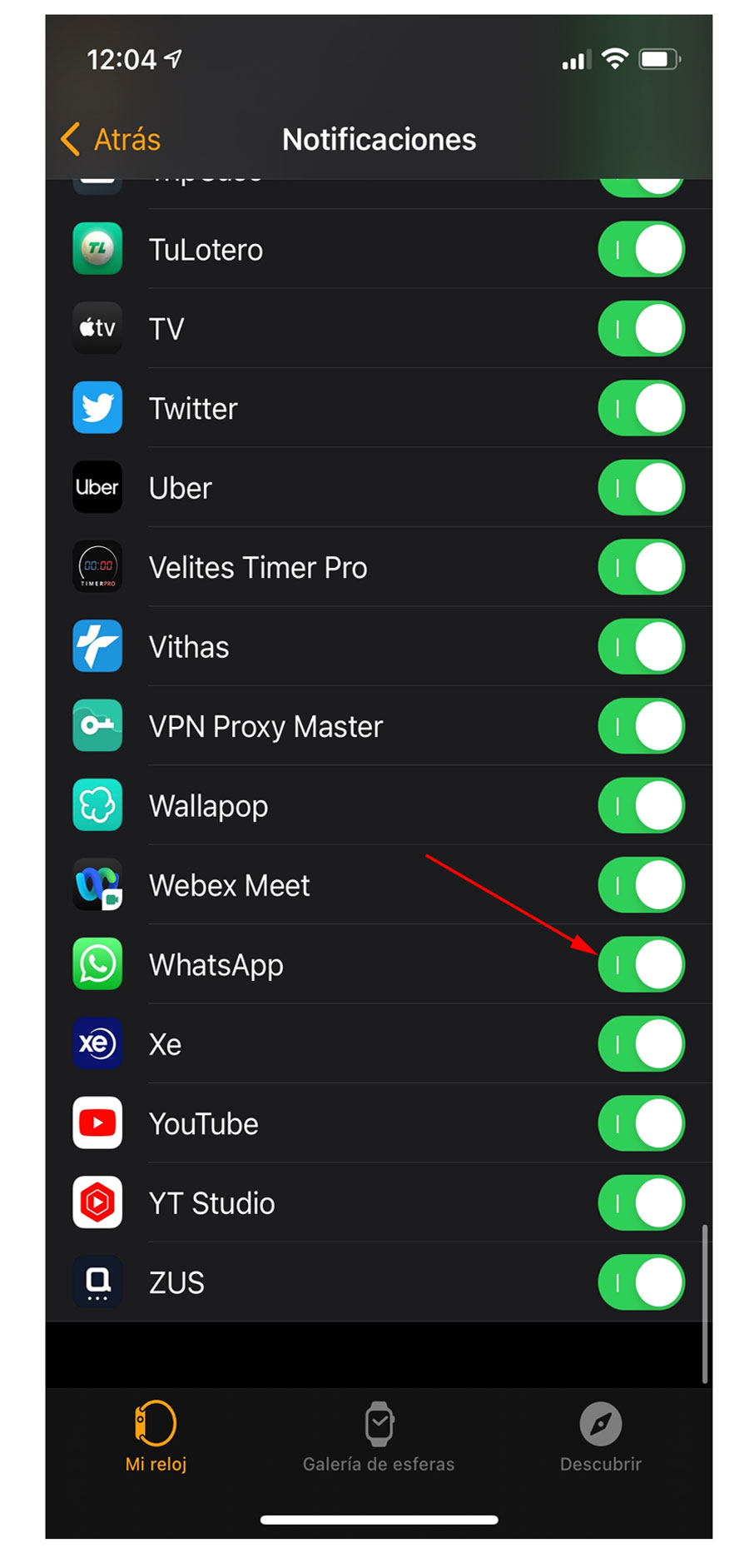 Activar notificaciones en WhatsApp para Apple Watch