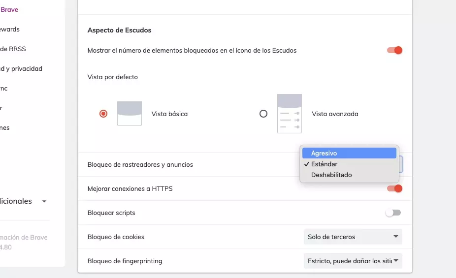 Configuración de privacidad en Brave