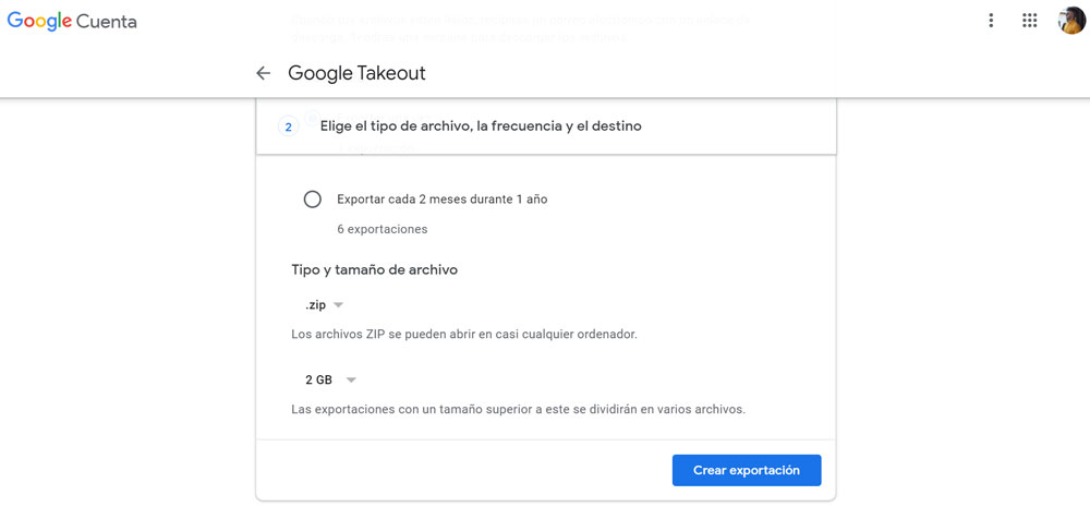 Crear exportación en Google Takeout