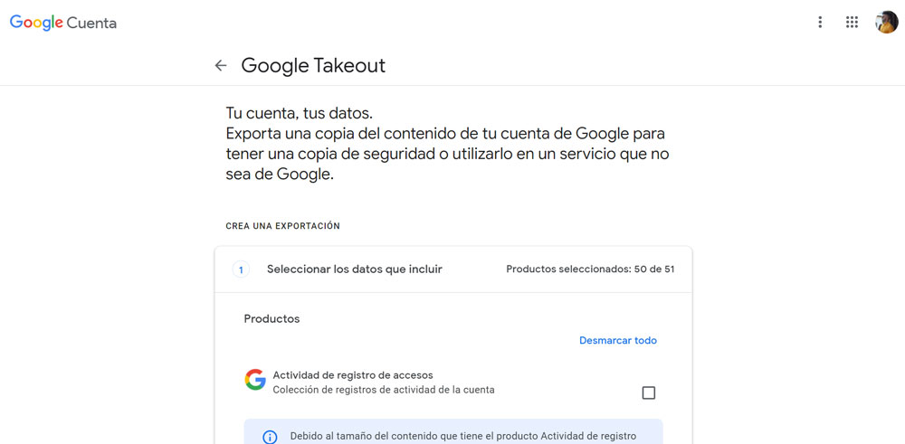 Seleccionar datos en Google Takeout