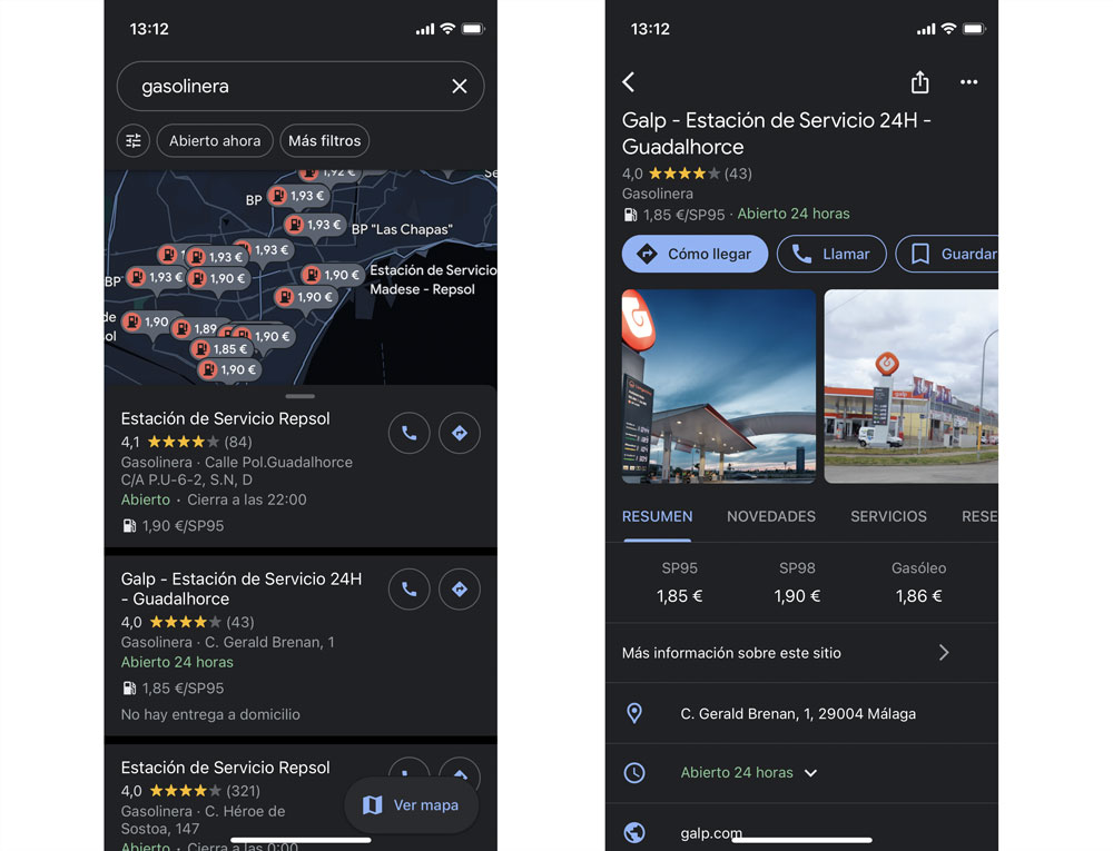 Precio de las gasolineras en España con Google Maps