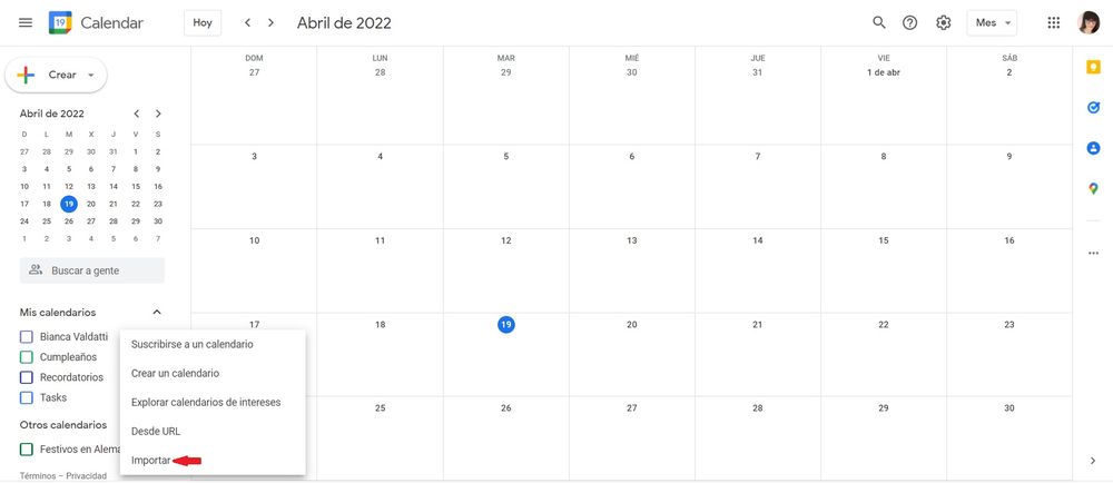 Google Calendar paso 2b transferir todos los cumpleaños de Facebook