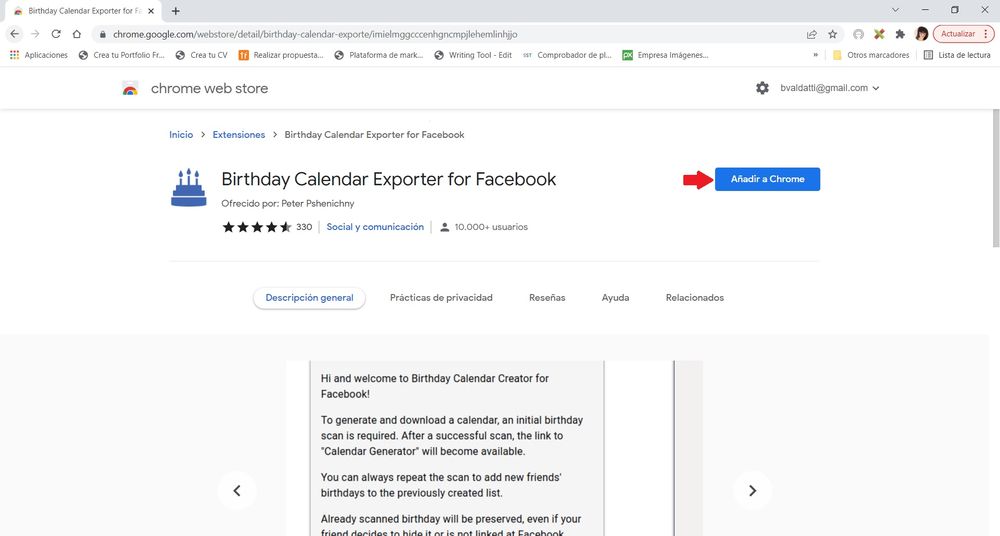 paso 1 transferir todos los cumpleaños de Facebook descargar extension 